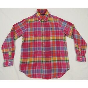 Ralph Lauren Polo Pony 100% Linen Madras India Plaid Long Sleeve Button Shirt S